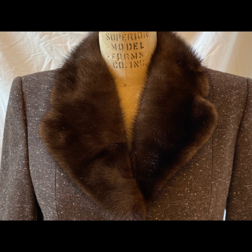 Birdseye tweed skirt suit with mink collar